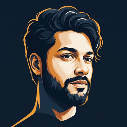 Illustrated portrait of the Architect Radio host: a bearded man drawn in navy and amber
